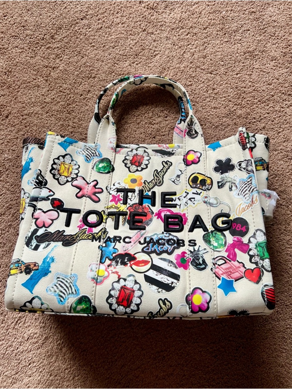 Marc Jacobs White Tote with Multicolor Sticker Print